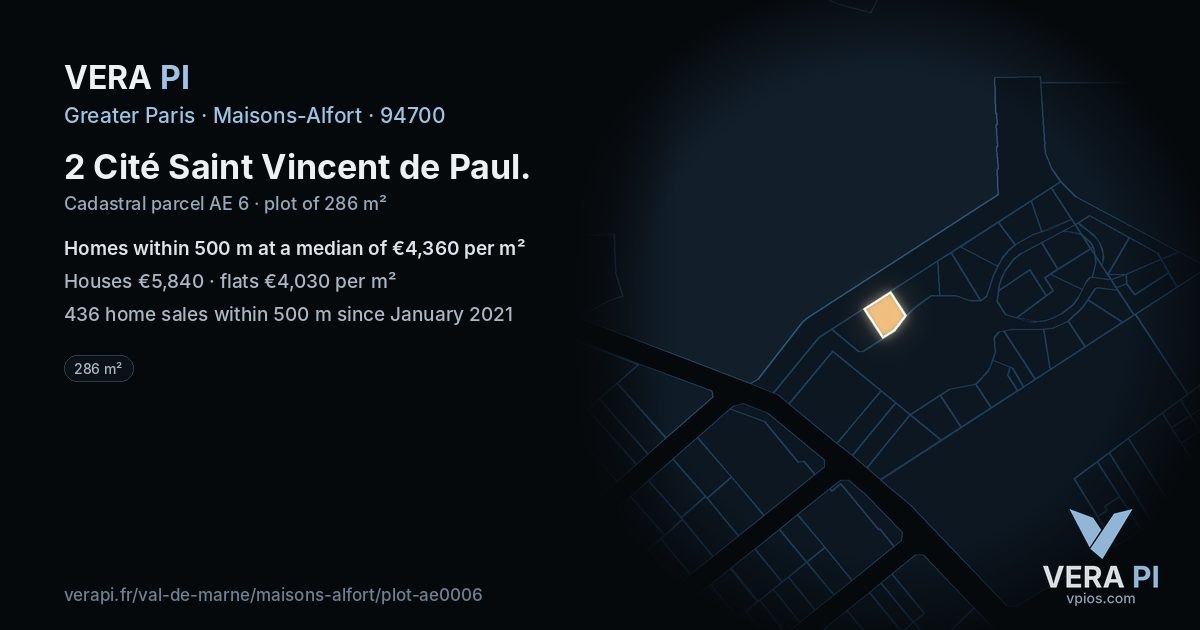 2 Cité Saint Vincent de Paul, Maisons-Alfort at night – the plot lit, the parcels around coloured by the prices near them