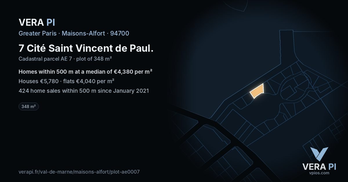 7 Cité Saint Vincent de Paul, Maisons-Alfort at night – the plot lit, the parcels around coloured by the prices near them