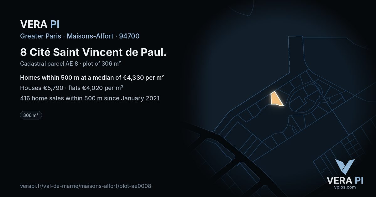 8 Cité Saint Vincent de Paul, Maisons-Alfort at night – the plot lit, the parcels around coloured by the prices near them