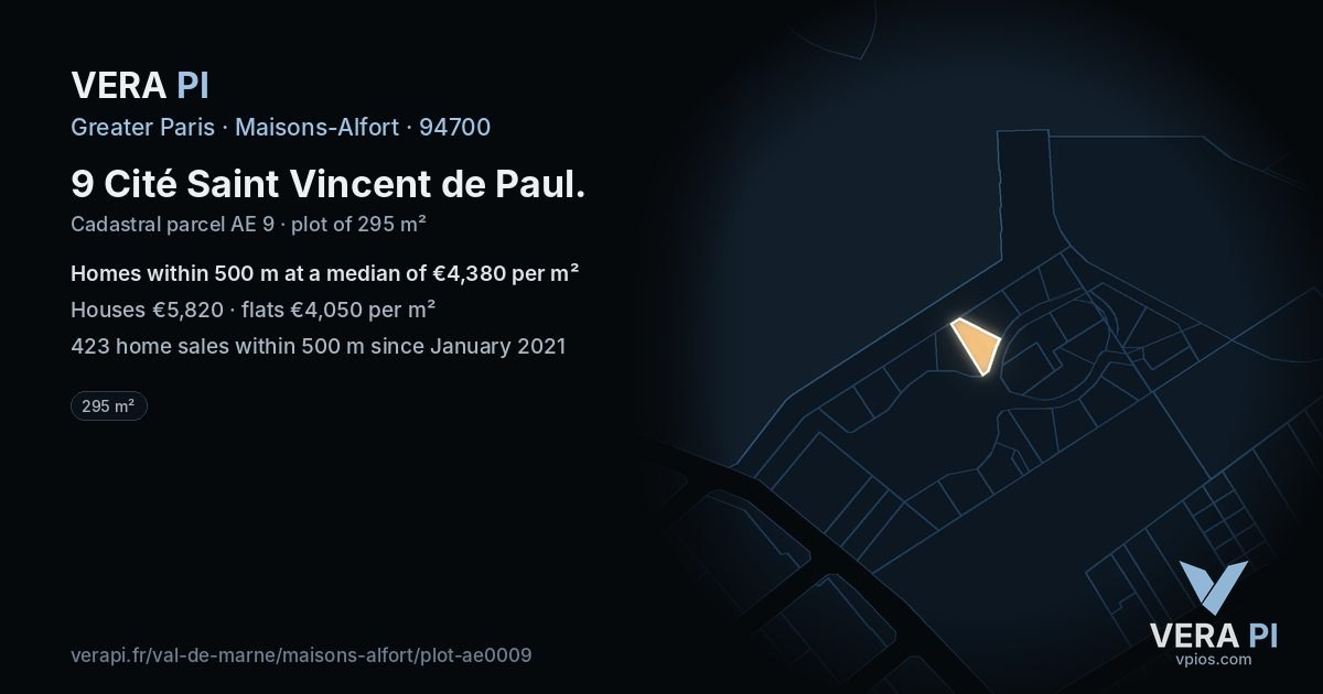9 Cité Saint Vincent de Paul, Maisons-Alfort at night – the plot lit, the parcels around coloured by the prices near them