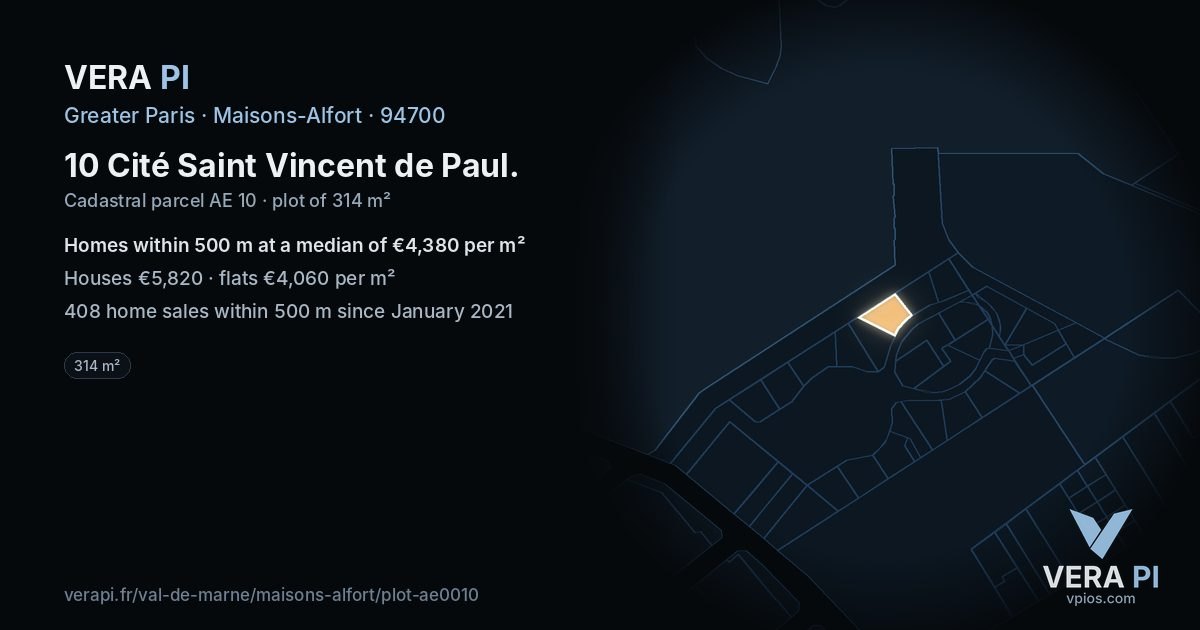 10 Cité Saint Vincent de Paul, Maisons-Alfort at night – the plot lit, the parcels around coloured by the prices near them