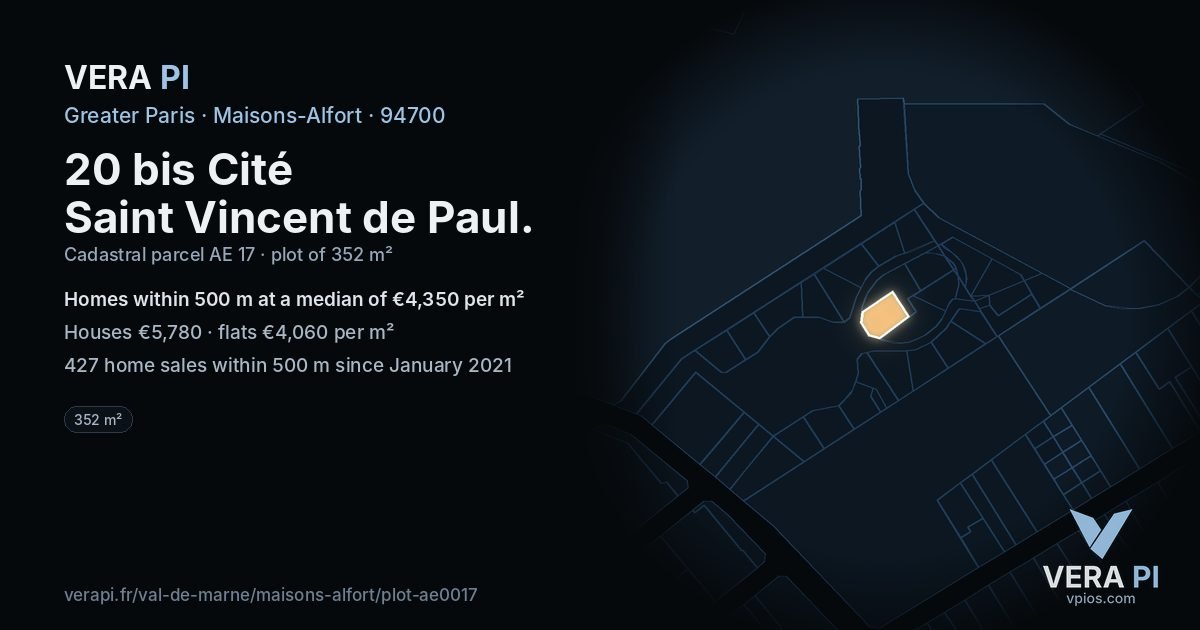 20 bis Cité Saint Vincent de Paul, Maisons-Alfort at night – the plot lit, the parcels around coloured by the prices near them