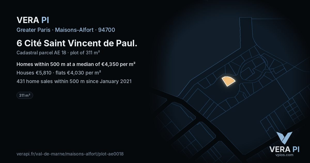 6 Cité Saint Vincent de Paul, Maisons-Alfort at night – the plot lit, the parcels around coloured by the prices near them