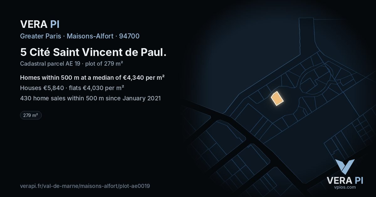 5 Cité Saint Vincent de Paul, Maisons-Alfort at night – the plot lit, the parcels around coloured by the prices near them