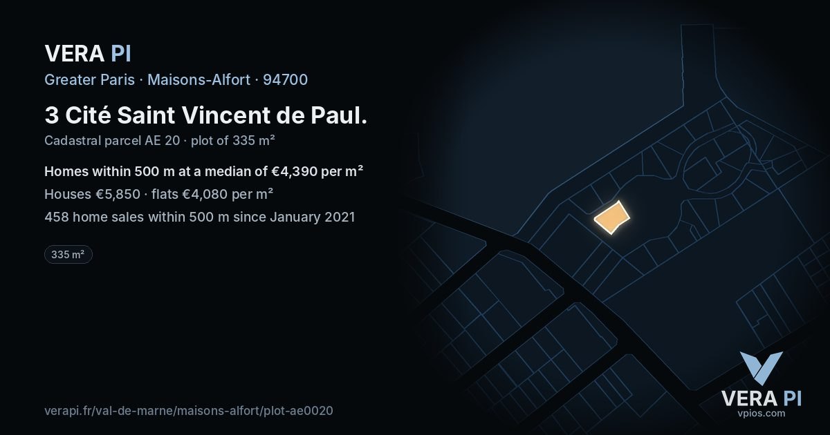3 Cité Saint Vincent de Paul, Maisons-Alfort at night – the plot lit, the parcels around coloured by the prices near them