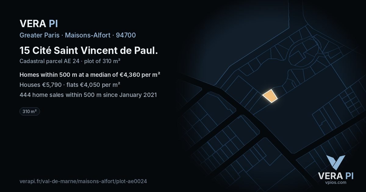 15 Cité Saint Vincent de Paul, Maisons-Alfort at night – the plot lit, the parcels around coloured by the prices near them