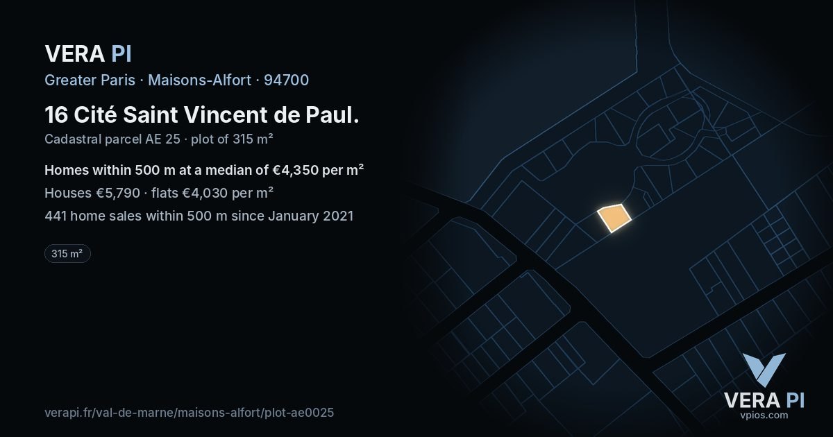 16 Cité Saint Vincent de Paul, Maisons-Alfort at night – the plot lit, the parcels around coloured by the prices near them