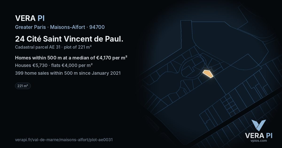 24 Cité Saint Vincent de Paul, Maisons-Alfort at night – the plot lit, the parcels around coloured by the prices near them