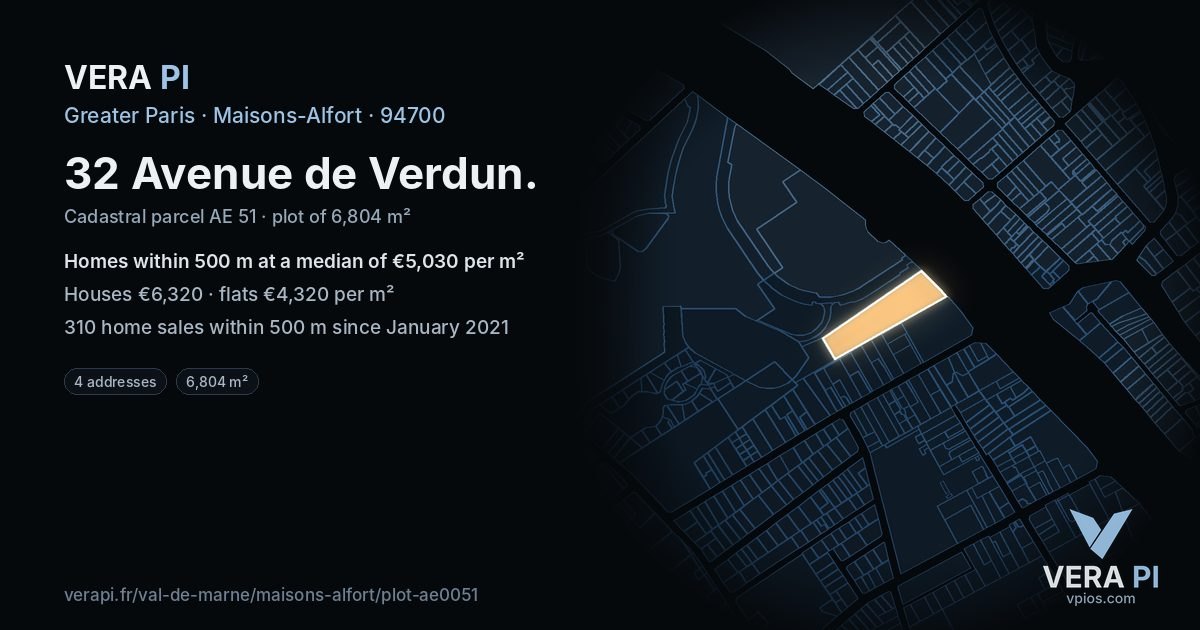 32 Avenue de Verdun, Maisons-Alfort at night – the plot lit, the parcels around coloured by the prices near them