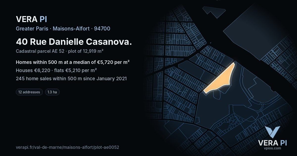 40 Rue Danielle Casanova, Maisons-Alfort at night – the plot lit, the parcels around coloured by the prices near them