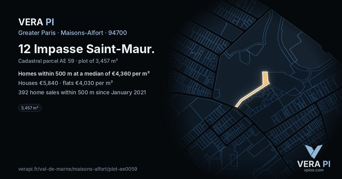 12 Impasse Saint-Maur, Maisons-Alfort at night – the plot lit, the parcels around coloured by the prices near them
