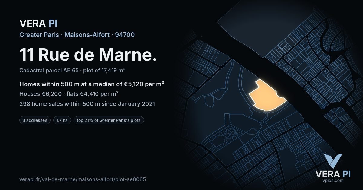 11 Rue de Marne, Maisons-Alfort at night – the plot lit, the parcels around coloured by the prices near them