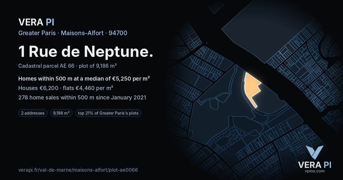 1 Rue de Neptune, Maisons-Alfort at night – the plot lit, the parcels around coloured by the prices near them