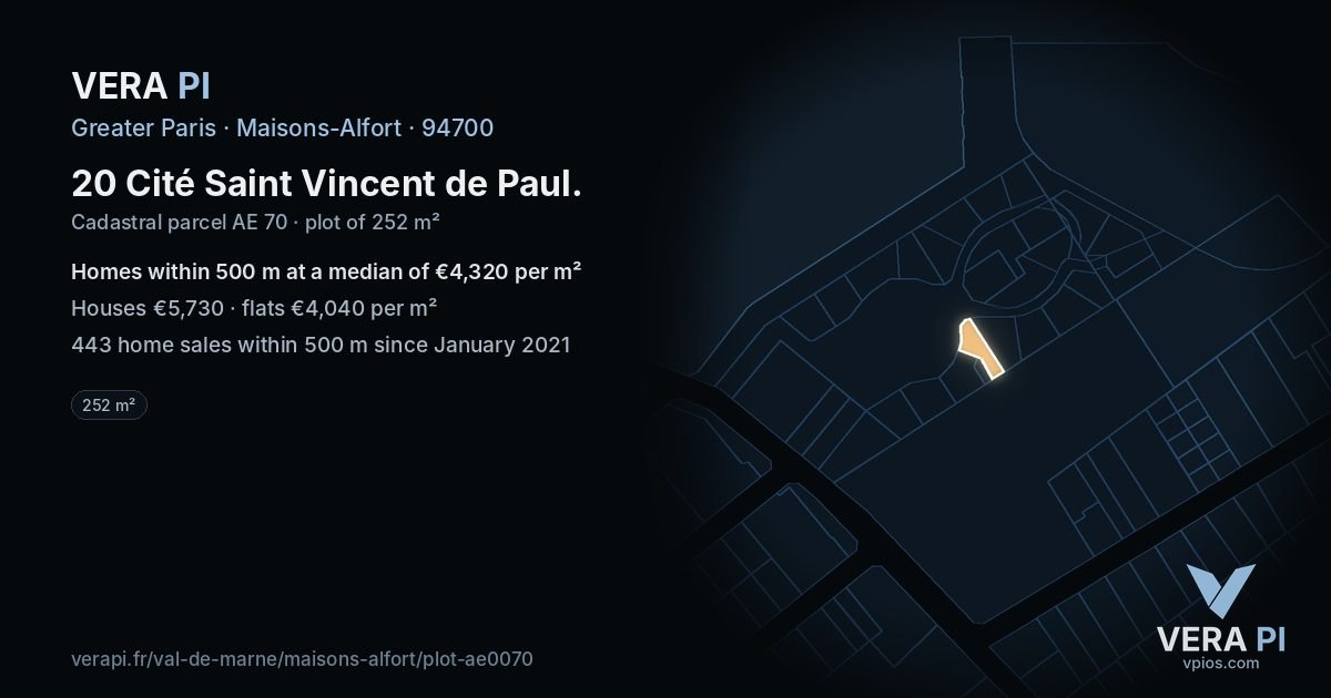 20 Cité Saint Vincent de Paul, Maisons-Alfort at night – the plot lit, the parcels around coloured by the prices near them