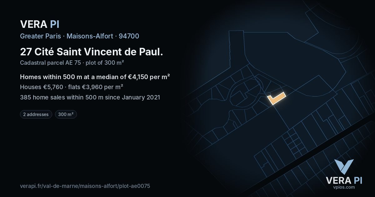 27 Cité Saint Vincent de Paul, Maisons-Alfort at night – the plot lit, the parcels around coloured by the prices near them