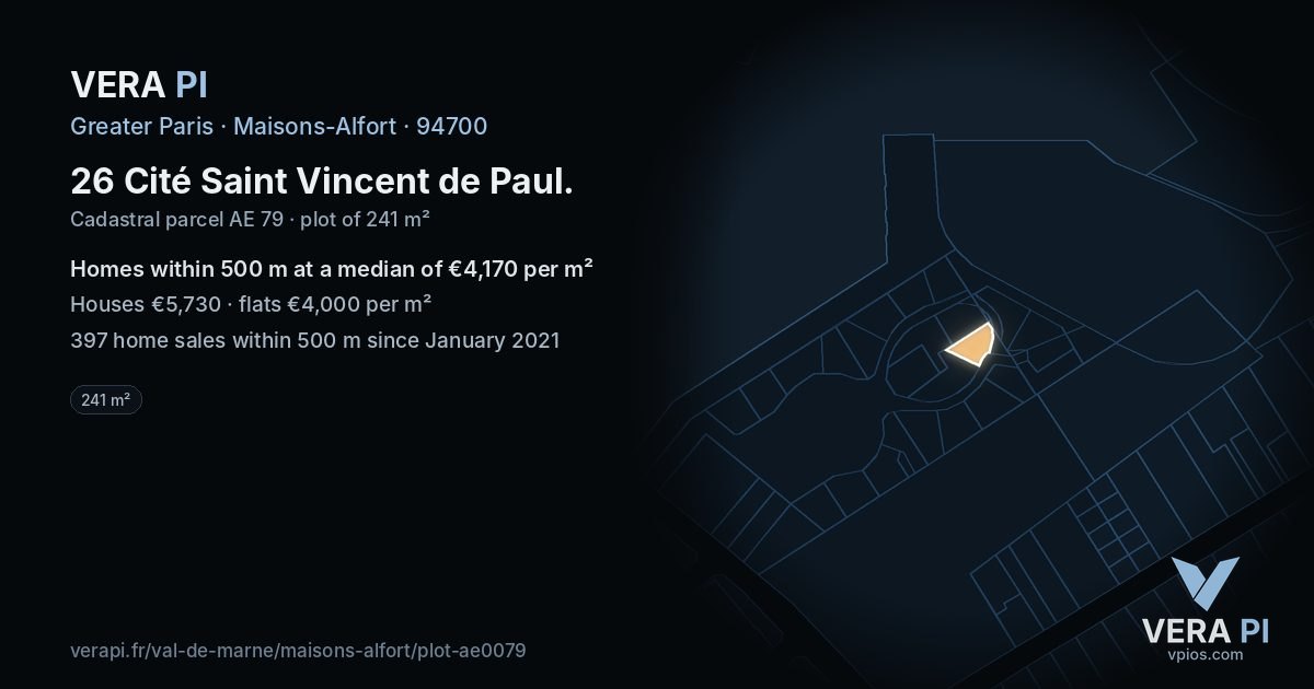 26 Cité Saint Vincent de Paul, Maisons-Alfort at night – the plot lit, the parcels around coloured by the prices near them