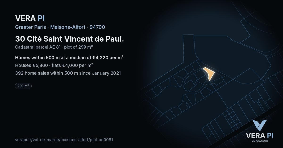 30 Cité Saint Vincent de Paul, Maisons-Alfort at night – the plot lit, the parcels around coloured by the prices near them
