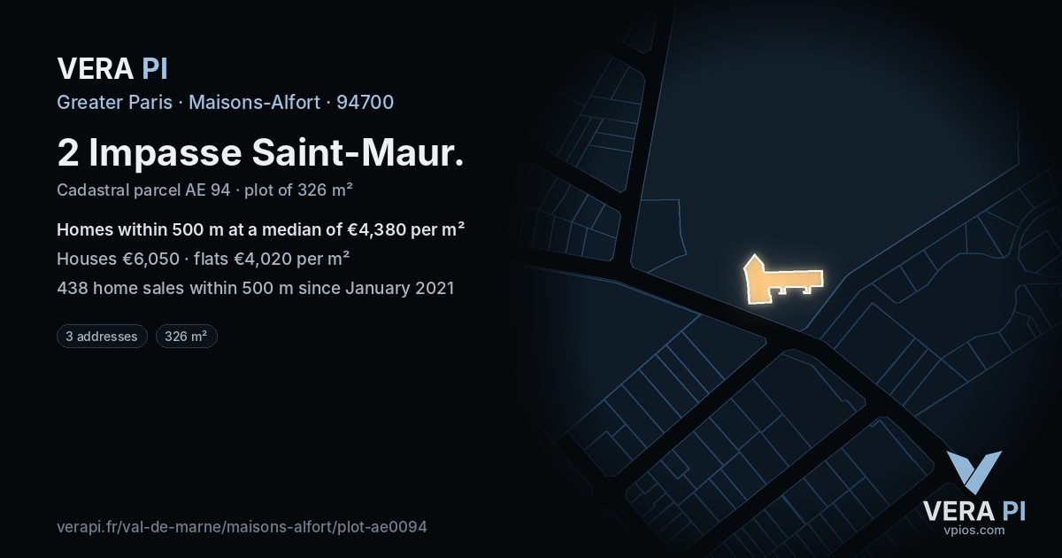 2 Impasse Saint-Maur, Maisons-Alfort at night – the plot lit, the parcels around coloured by the prices near them