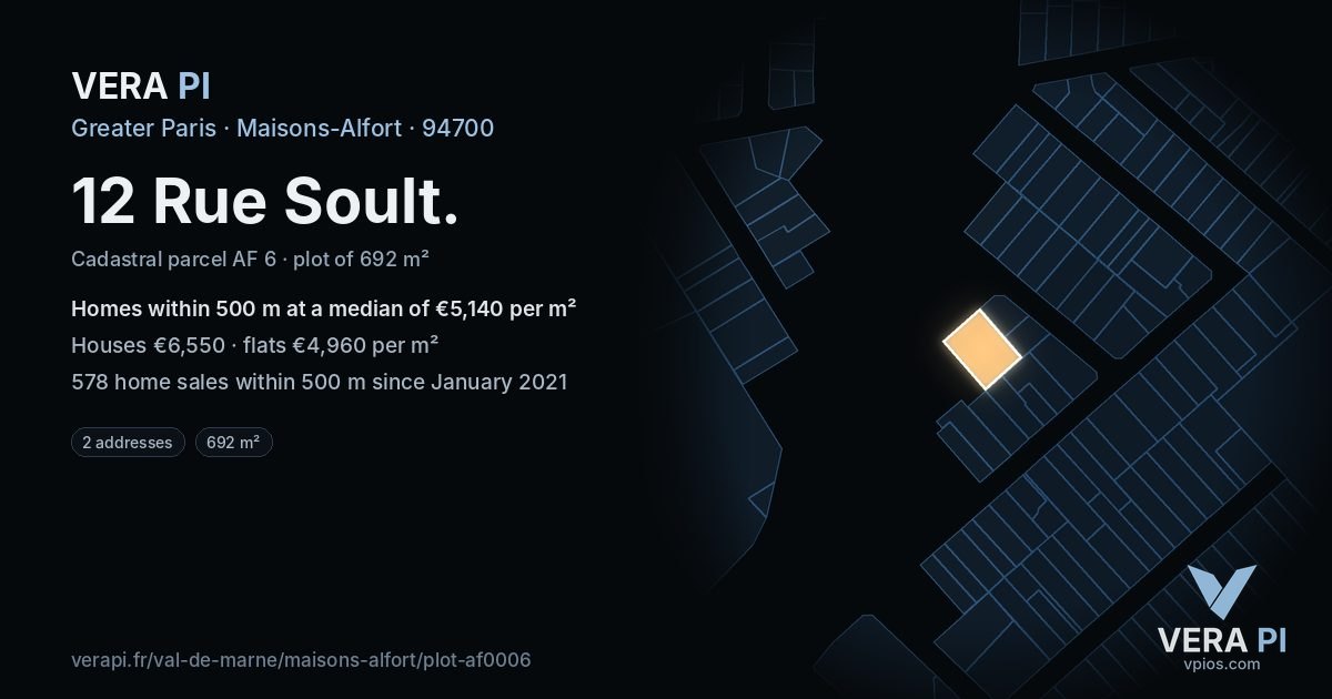 12 Rue Soult, Maisons-Alfort at night – the plot lit, the parcels around coloured by the prices near them