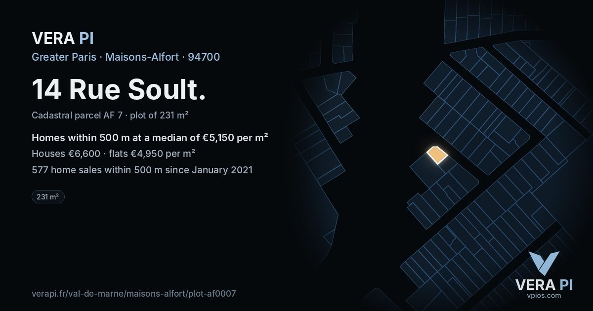 14 Rue Soult, Maisons-Alfort at night – the plot lit, the parcels around coloured by the prices near them