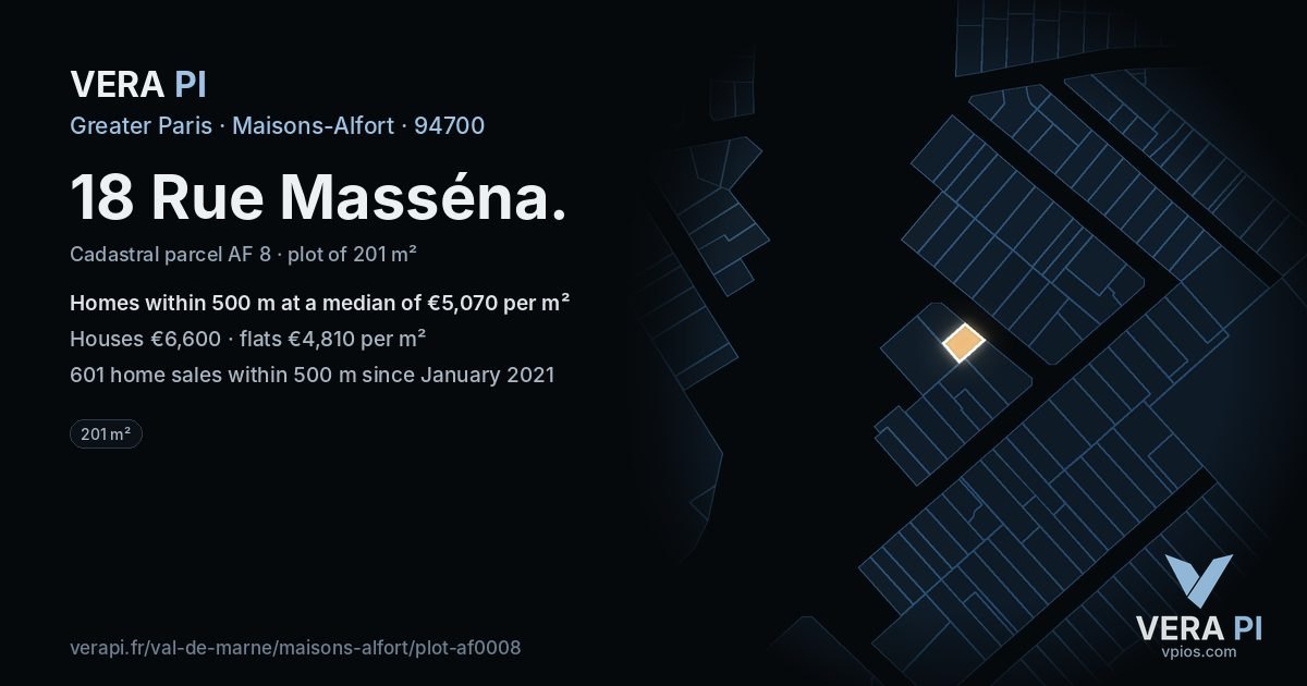 18 Rue Masséna, Maisons-Alfort at night – the plot lit, the parcels around coloured by the prices near them