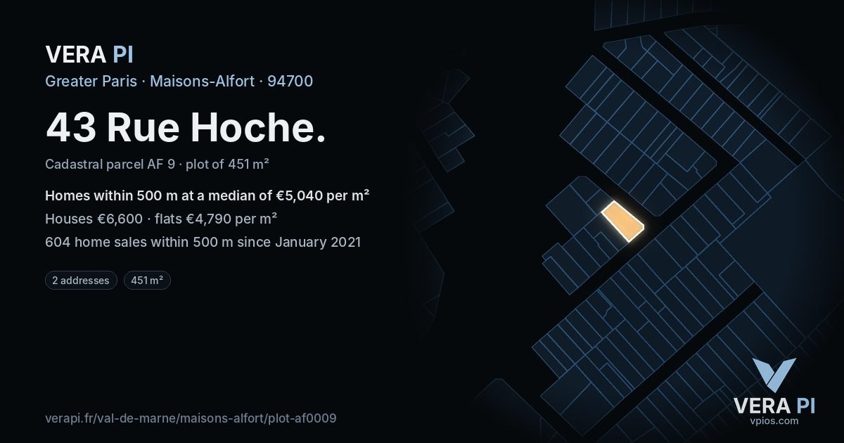 43 Rue Hoche, Maisons-Alfort at night – the plot lit, the parcels around coloured by the prices near them