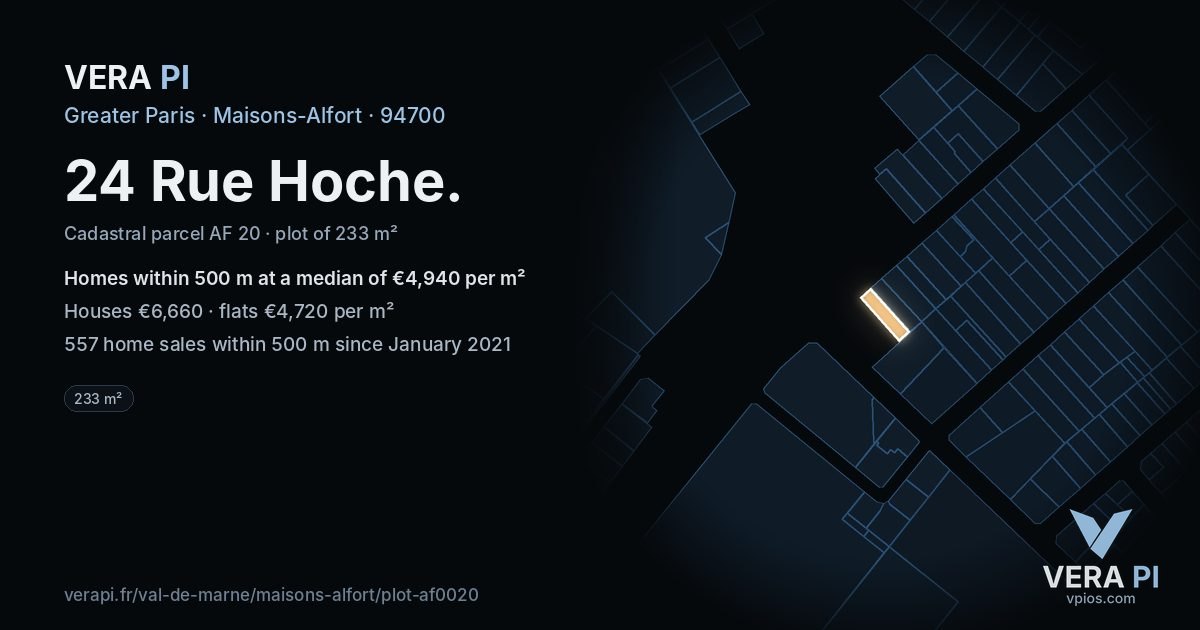 24 Rue Hoche, Maisons-Alfort at night – the plot lit, the parcels around coloured by the prices near them