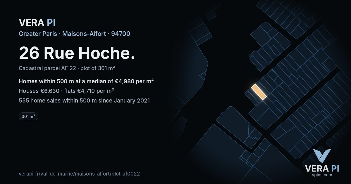 26 Rue Hoche, Maisons-Alfort at night – the plot lit, the parcels around coloured by the prices near them