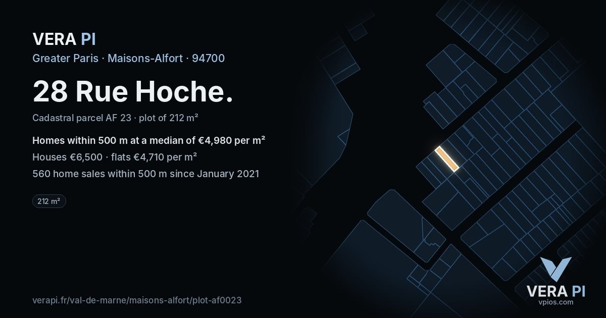 28 Rue Hoche, Maisons-Alfort at night – the plot lit, the parcels around coloured by the prices near them