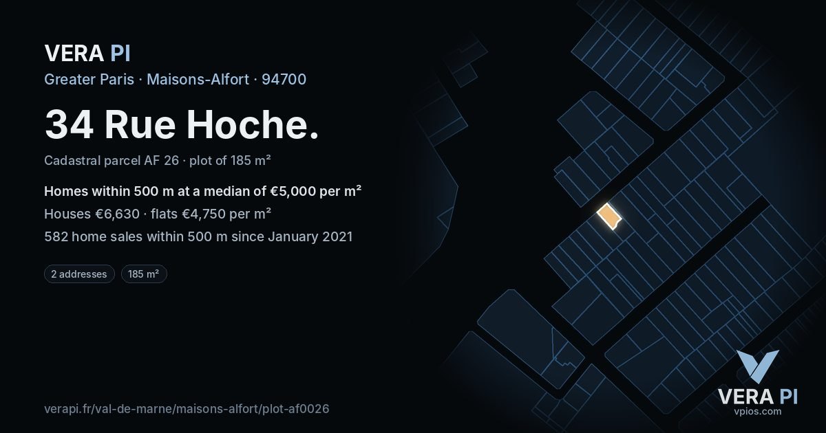 34 Rue Hoche, Maisons-Alfort at night – the plot lit, the parcels around coloured by the prices near them