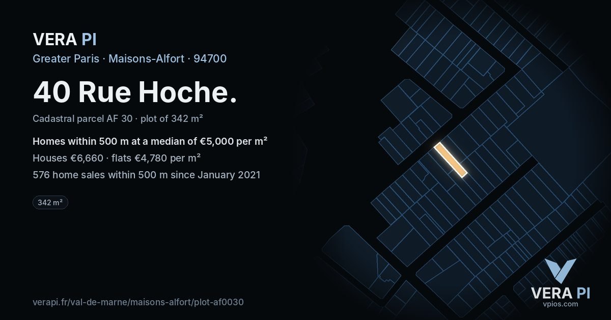 40 Rue Hoche, Maisons-Alfort at night – the plot lit, the parcels around coloured by the prices near them