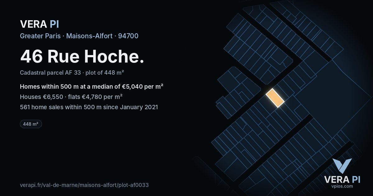 46 Rue Hoche, Maisons-Alfort at night – the plot lit, the parcels around coloured by the prices near them