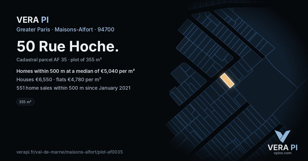 50 Rue Hoche, Maisons-Alfort at night – the plot lit, the parcels around coloured by the prices near them