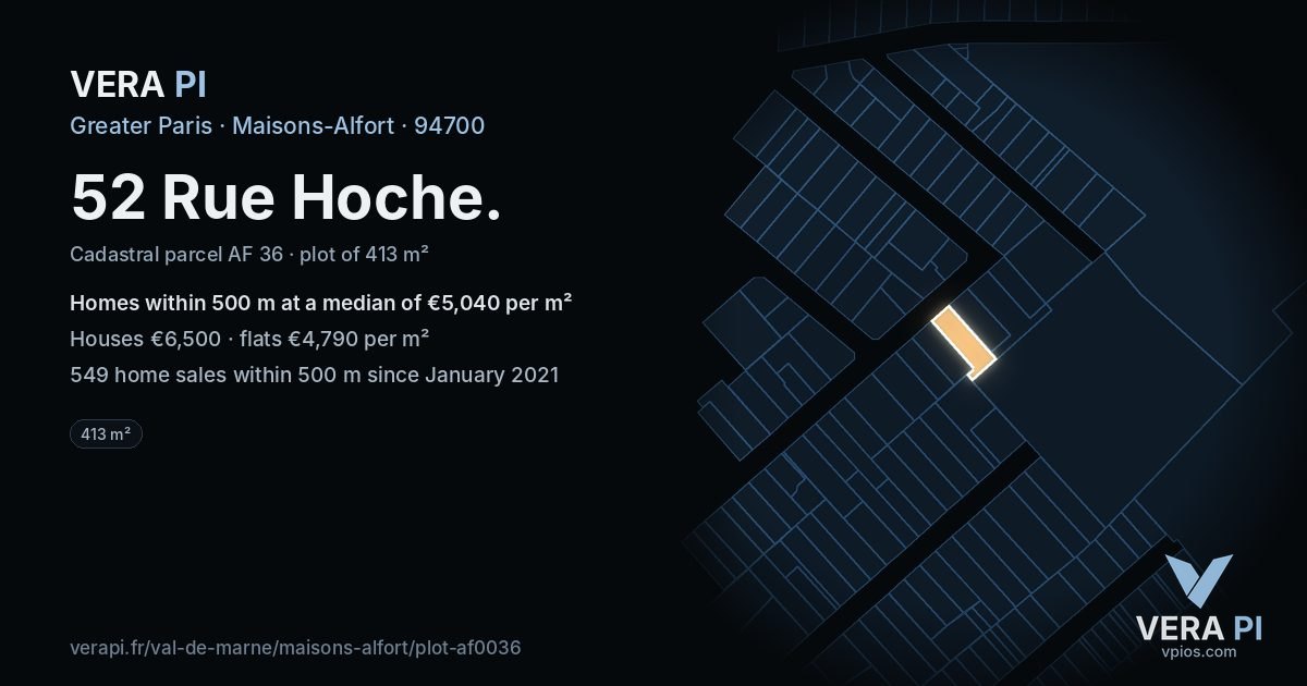 52 Rue Hoche, Maisons-Alfort at night – the plot lit, the parcels around coloured by the prices near them