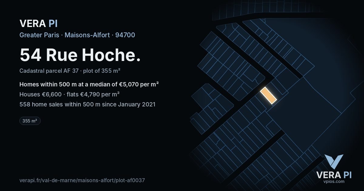 54 Rue Hoche, Maisons-Alfort at night – the plot lit, the parcels around coloured by the prices near them