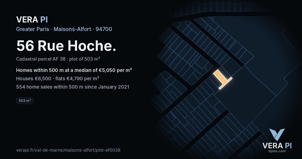 56 Rue Hoche, Maisons-Alfort at night – the plot lit, the parcels around coloured by the prices near them