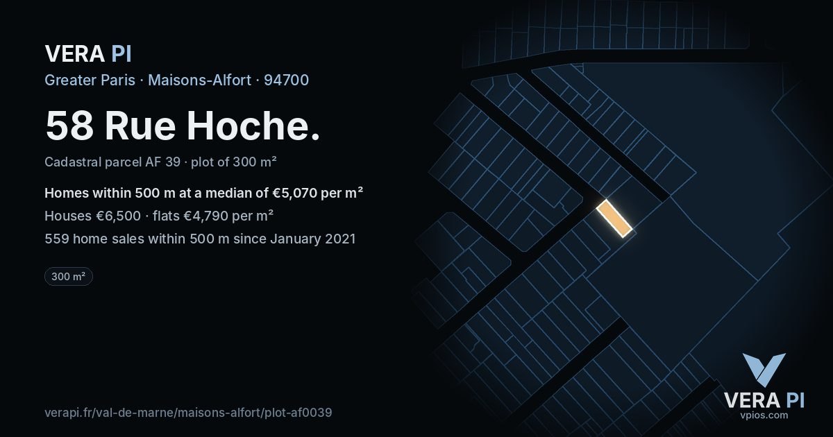 58 Rue Hoche, Maisons-Alfort at night – the plot lit, the parcels around coloured by the prices near them