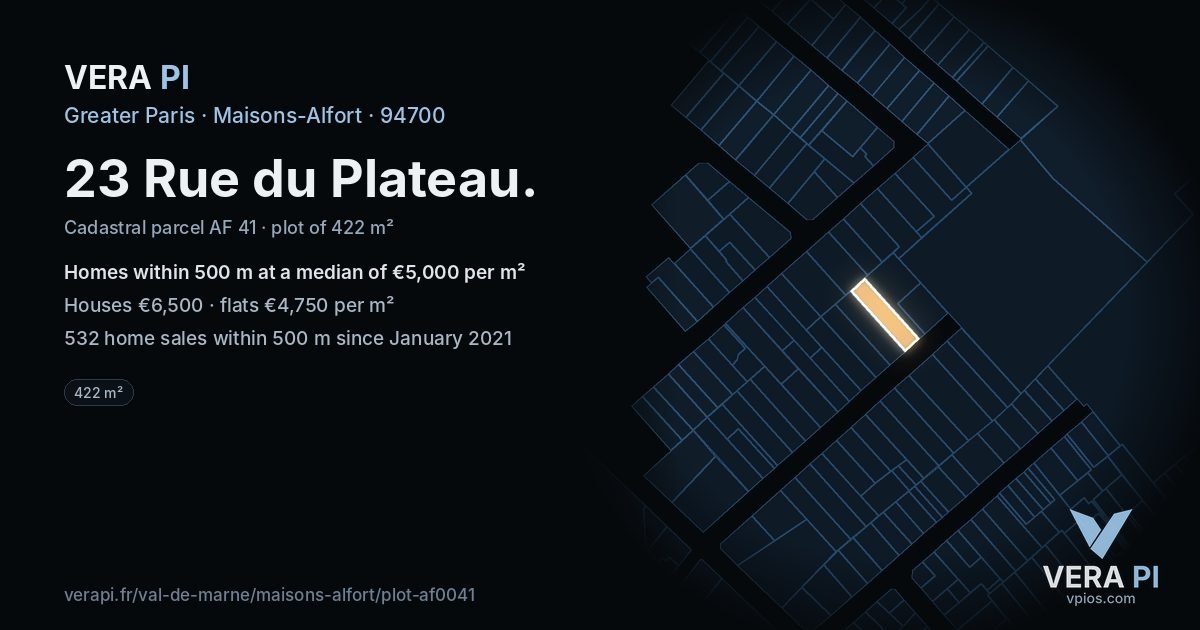 23 Rue du Plateau, Maisons-Alfort at night – the plot lit, the parcels around coloured by the prices near them