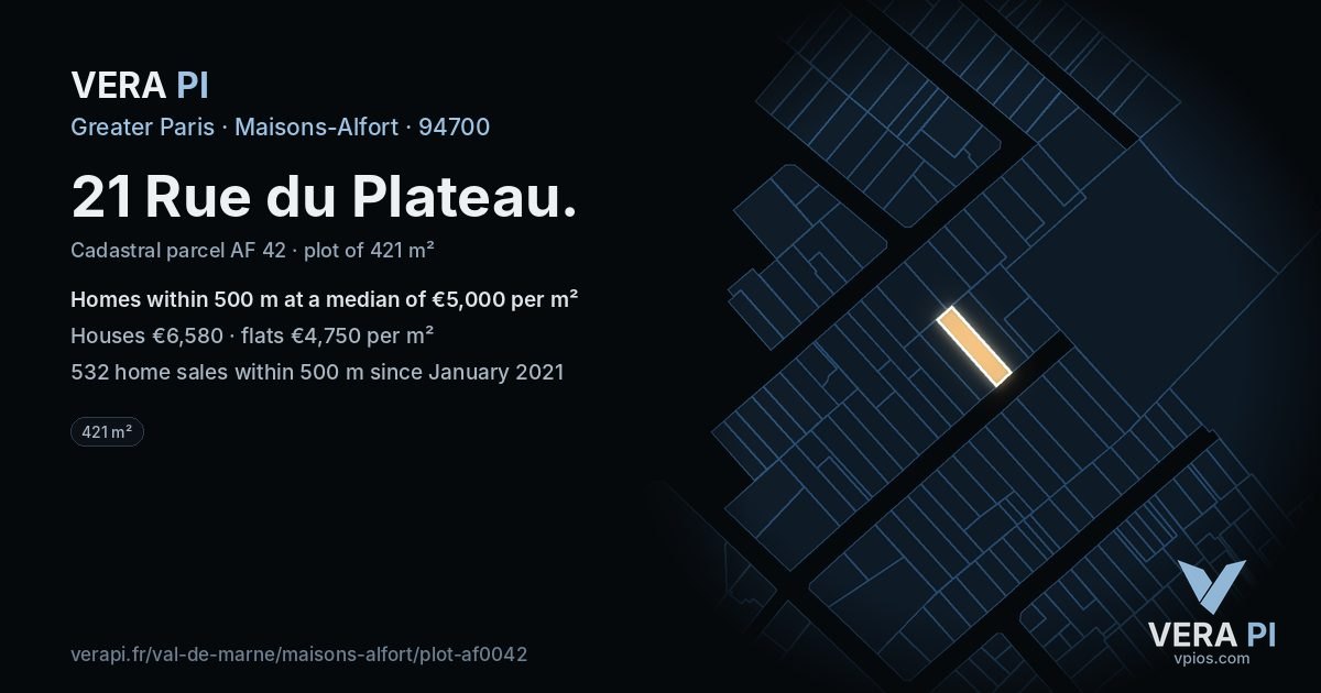21 Rue du Plateau, Maisons-Alfort at night – the plot lit, the parcels around coloured by the prices near them