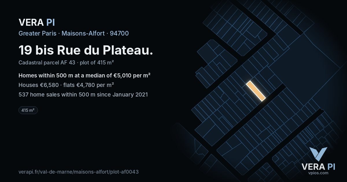 19 bis Rue du Plateau, Maisons-Alfort at night – the plot lit, the parcels around coloured by the prices near them