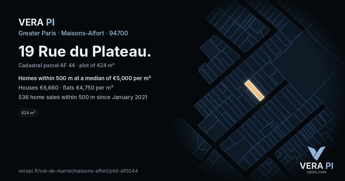 19 Rue du Plateau, Maisons-Alfort at night – the plot lit, the parcels around coloured by the prices near them