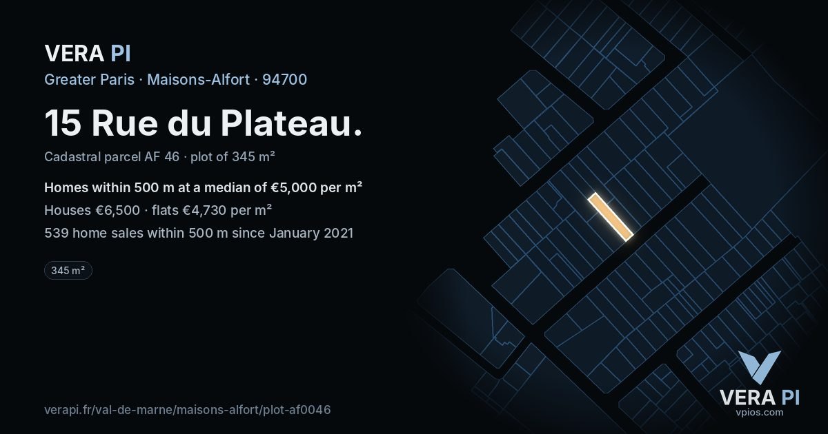 15 Rue du Plateau, Maisons-Alfort at night – the plot lit, the parcels around coloured by the prices near them