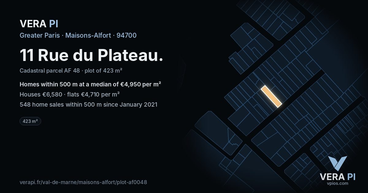 11 Rue du Plateau, Maisons-Alfort at night – the plot lit, the parcels around coloured by the prices near them