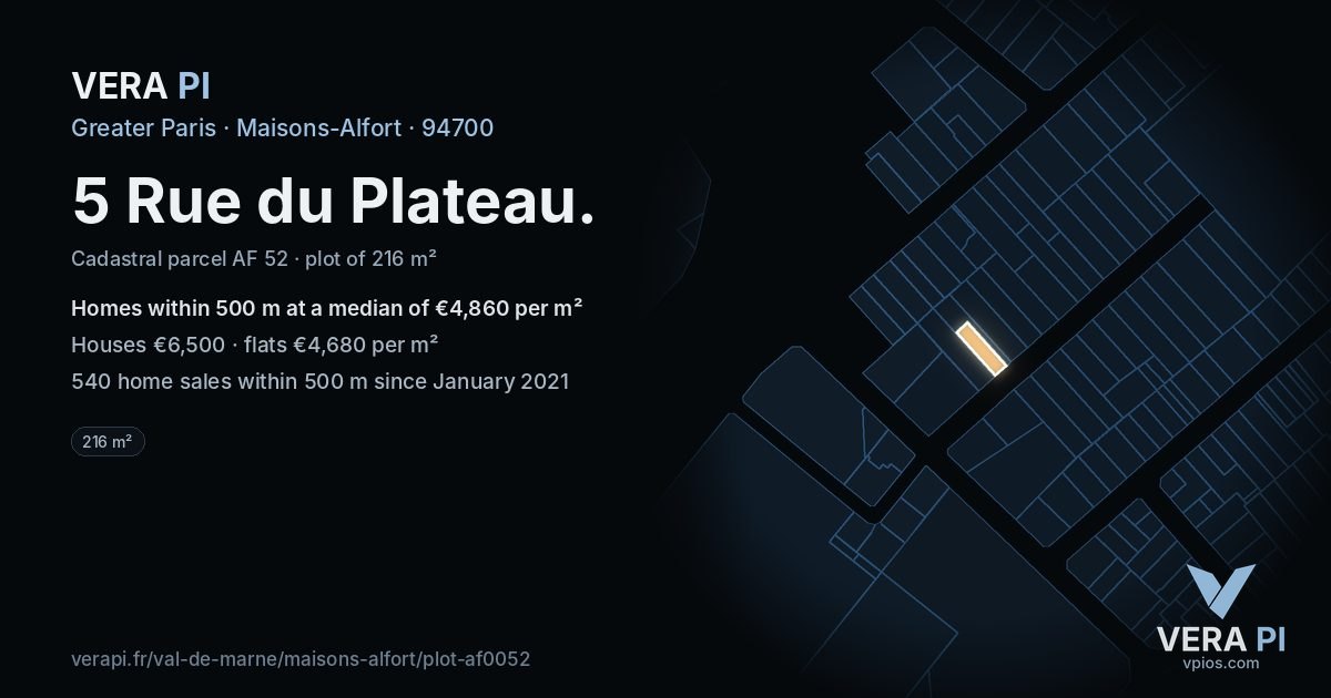 5 Rue du Plateau, Maisons-Alfort at night – the plot lit, the parcels around coloured by the prices near them