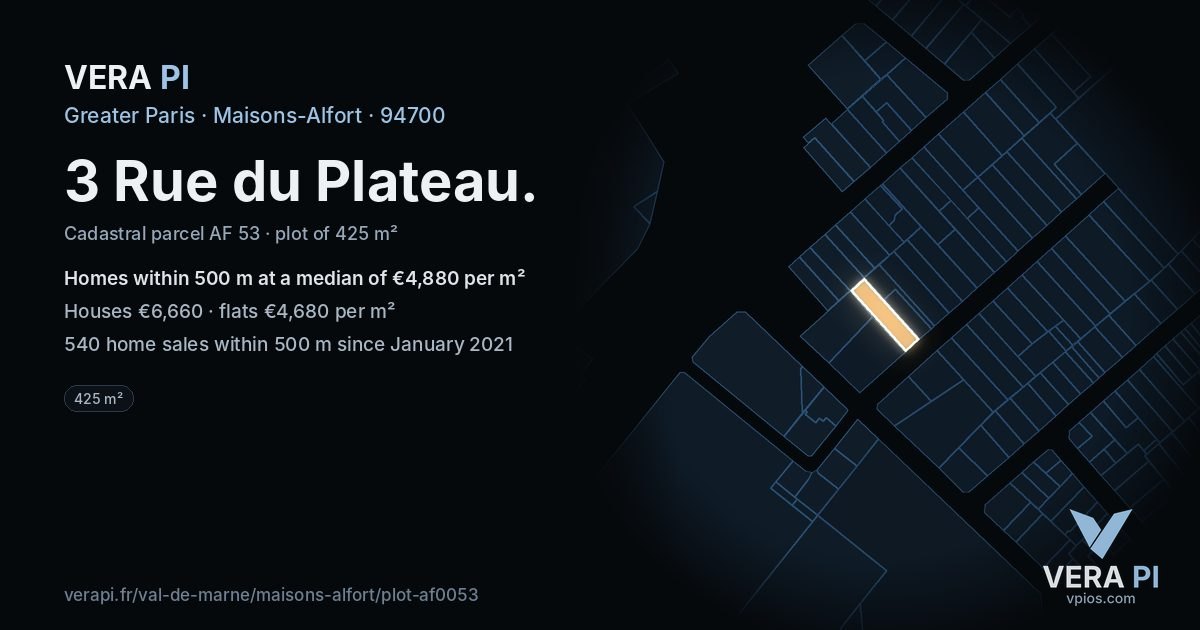 3 Rue du Plateau, Maisons-Alfort at night – the plot lit, the parcels around coloured by the prices near them