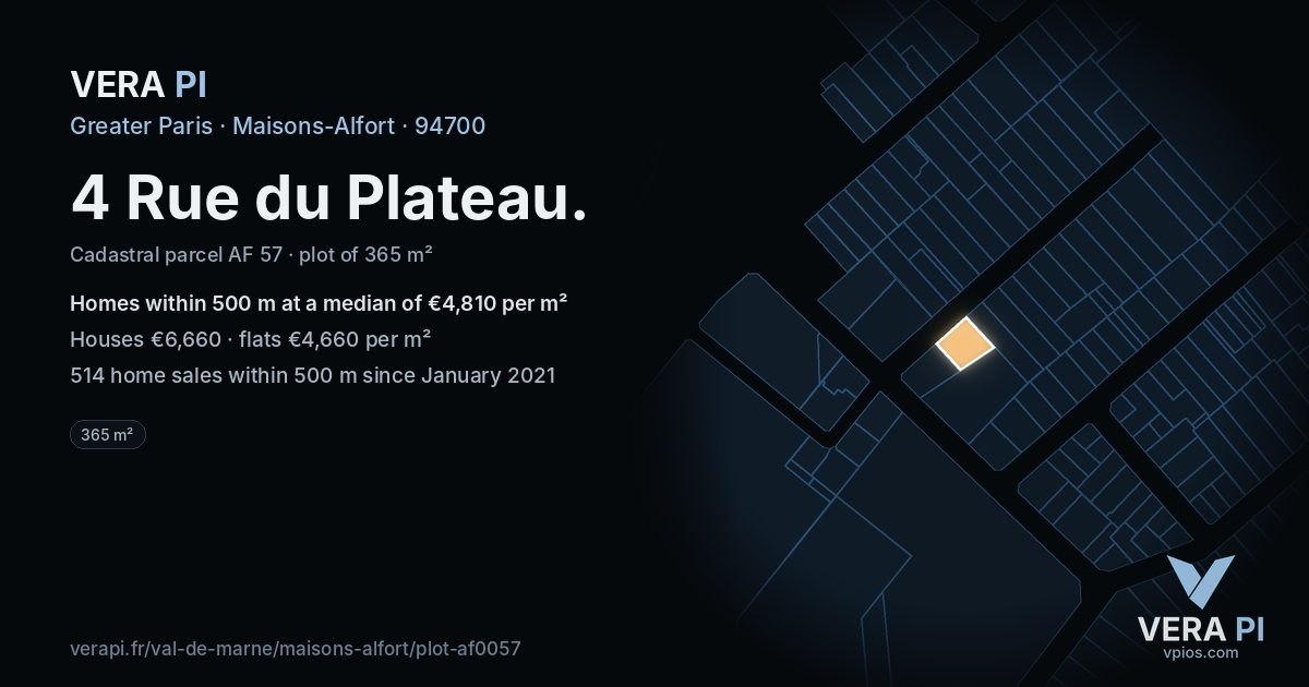 4 Rue du Plateau, Maisons-Alfort at night – the plot lit, the parcels around coloured by the prices near them