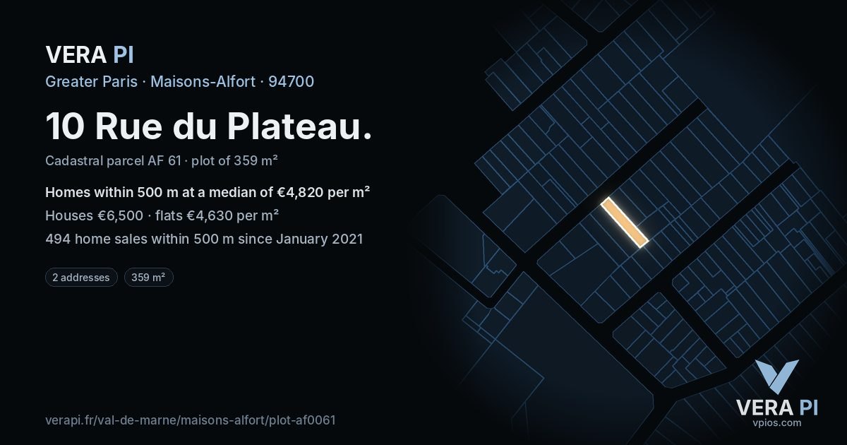 10 Rue du Plateau, Maisons-Alfort at night – the plot lit, the parcels around coloured by the prices near them
