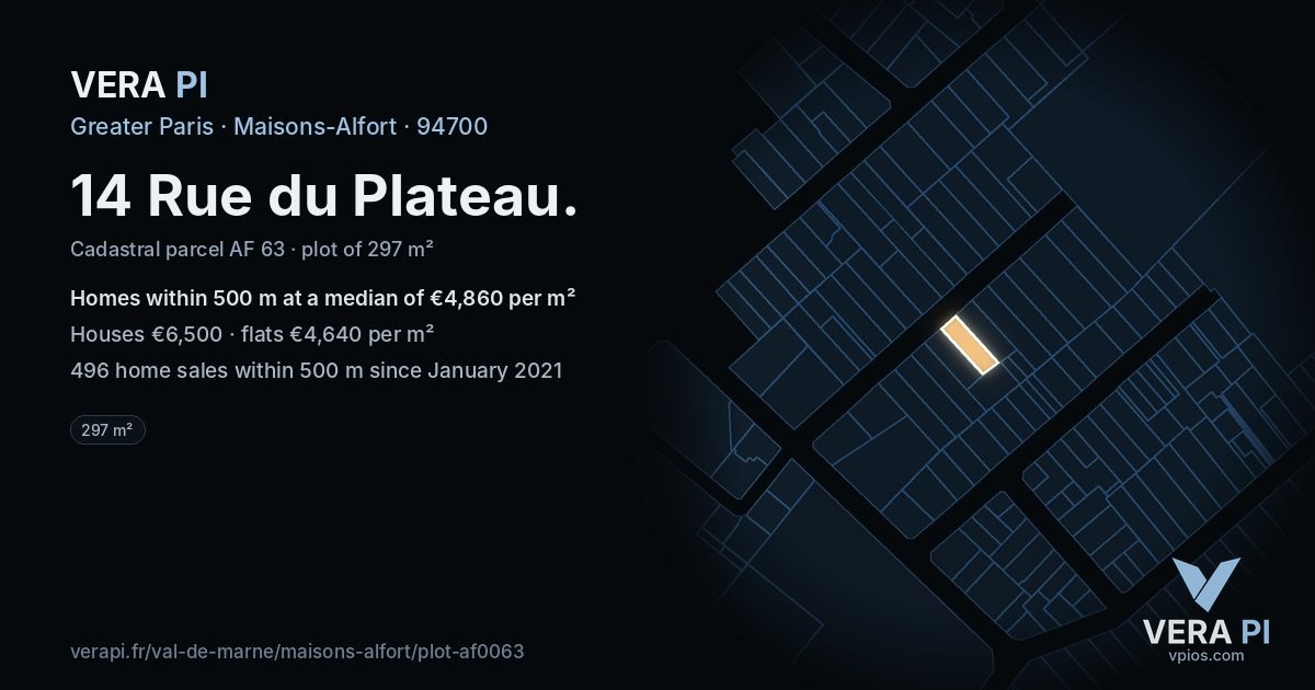 14 Rue du Plateau, Maisons-Alfort at night – the plot lit, the parcels around coloured by the prices near them