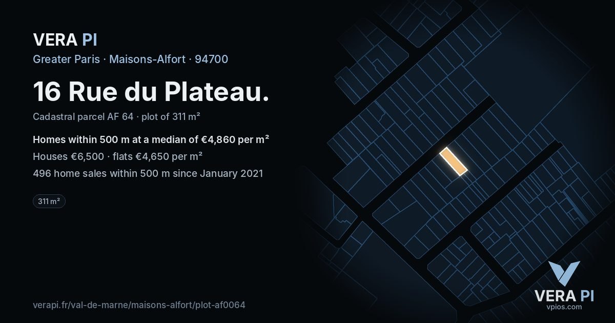 16 Rue du Plateau, Maisons-Alfort at night – the plot lit, the parcels around coloured by the prices near them