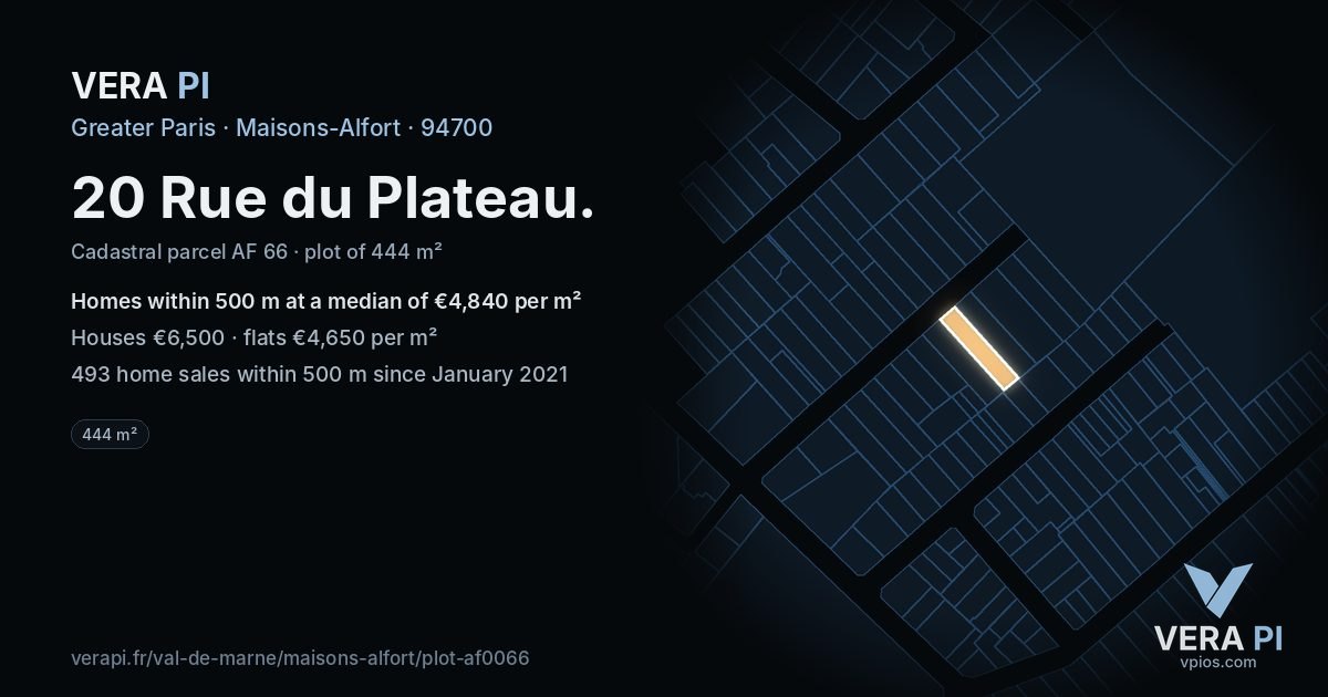 20 Rue du Plateau, Maisons-Alfort at night – the plot lit, the parcels around coloured by the prices near them